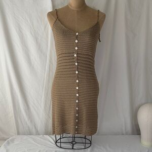 Blush Tan crocheted button front Midi Dress. S.
